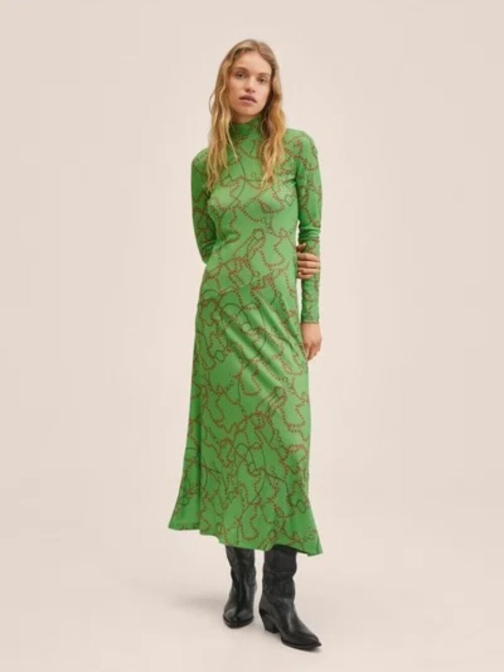 Mango NWT Chain Print Long Sleeve Midi Dress in Green MNG size 6/Medium